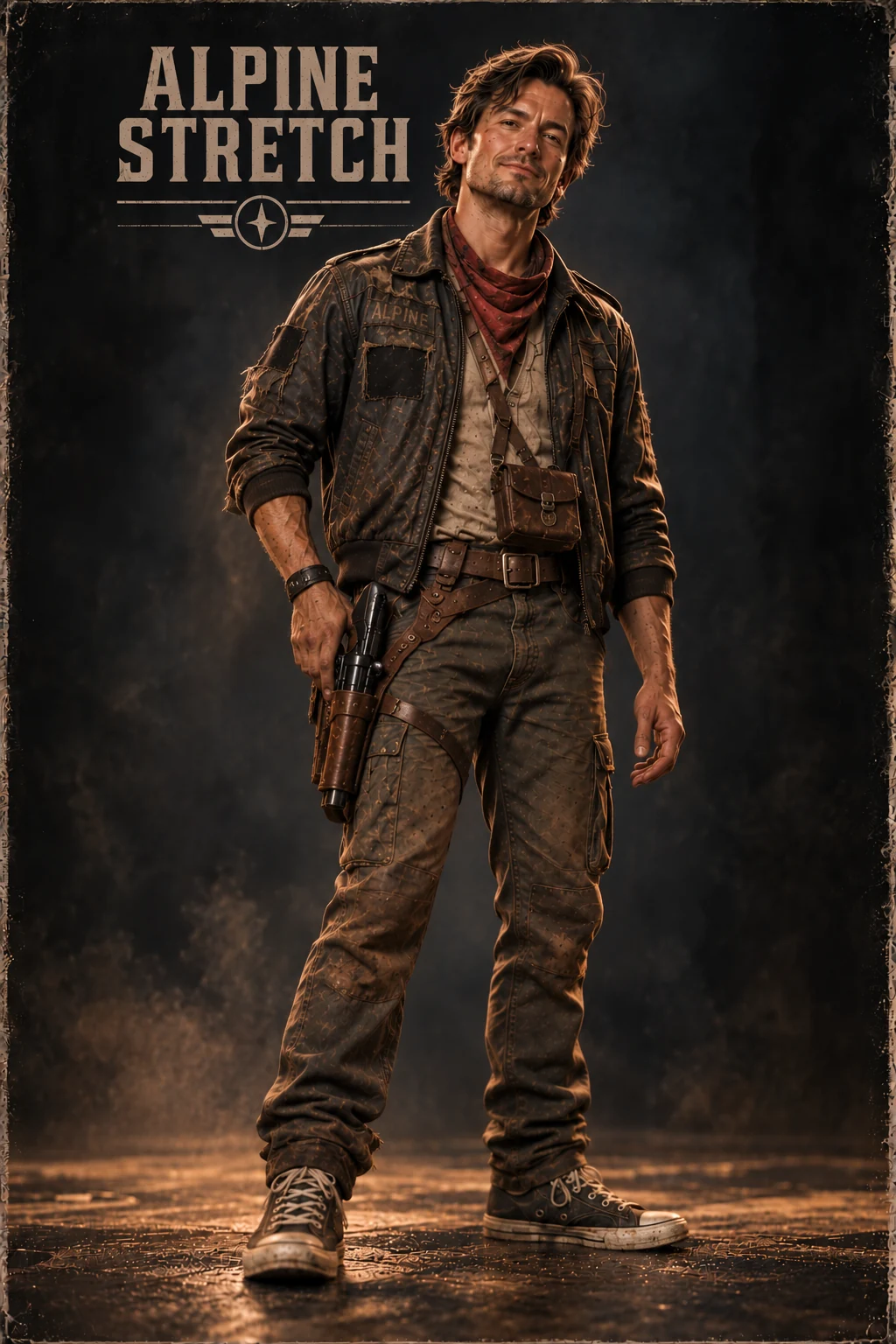 Alpine Stretch, a rugged space-western rogue in a weathered jacket