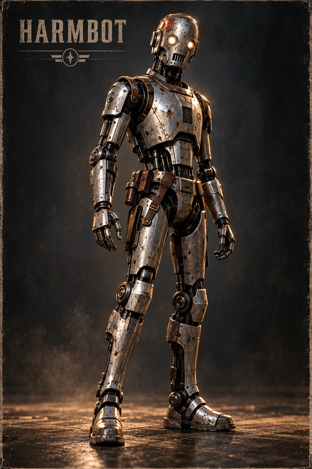 Harmbot, a tall weathered metallic humanoid robot