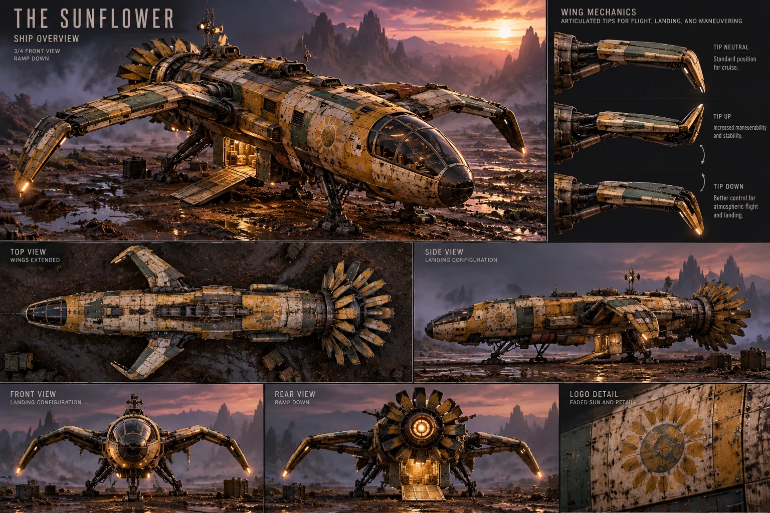 Approved technical concept sheet for The Sunflower ship, showing the articulated wings and multiple views